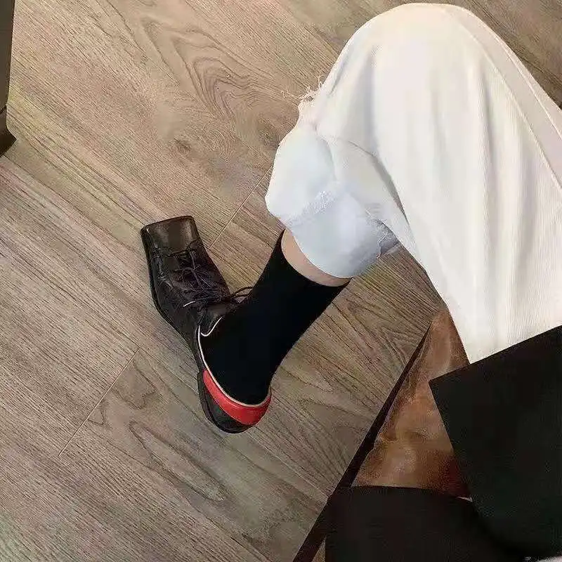 

Boussac British Style Oxford Shoes for Women Vintage Square Toe Women Loafers Lace up Black Punk Flat Shoes for Women SWA0346