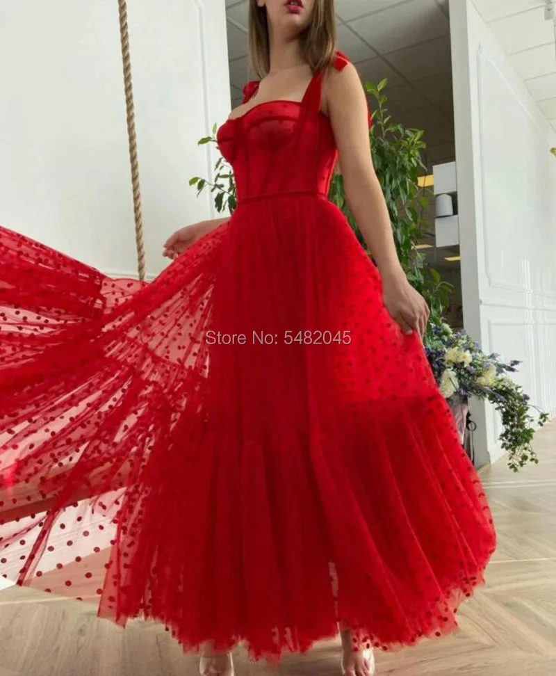 LORIE Red Prom Dresses 2021 A-Line Dot Tulle Tea Length Party Gown Christmas Robes de cocktail Dress for Teens Free Shipping