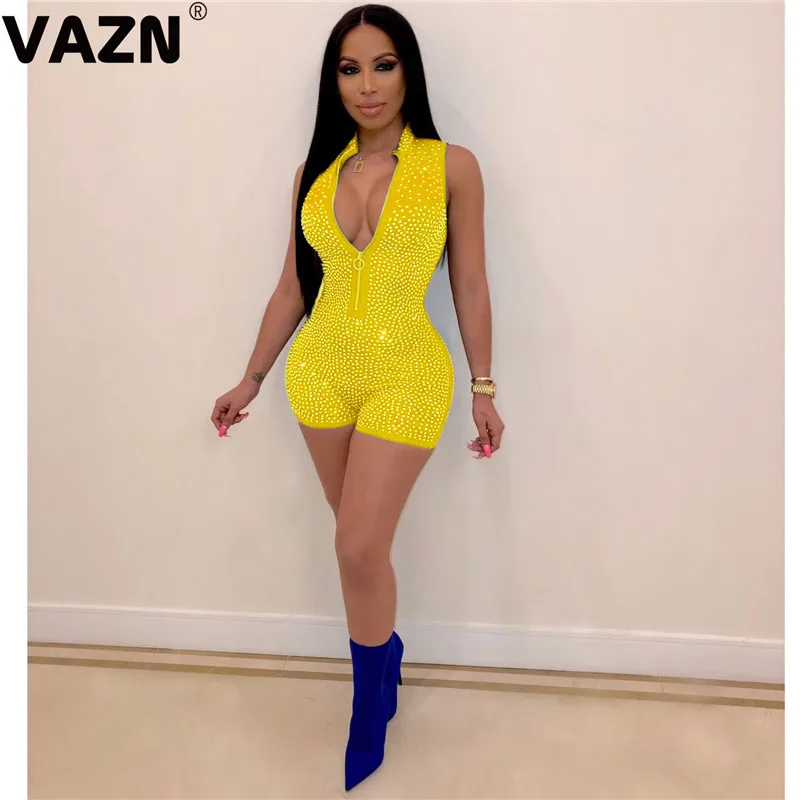 VAZN GYM18357 moto стиль молодой праздник v-образным вырезом женский комбинезон без рукавов Короткие брюки комбинезоны волнующие Клубные Комбинезоны - Цвет: Цвет: желтый