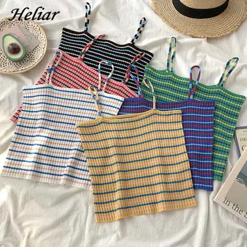 

HELIAR Croped Tops Rainbow Striped Knitted Tops 2020 Summer Ladies Sleeveless Spaghetti Sexy Slim Femme Strapless Camis Women
