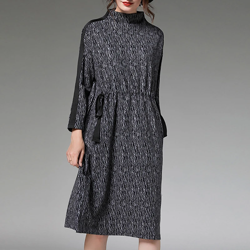SeeBeautiful New Fashion Autumn Winter Contrast Color Striped Stand Collar Long Sleeve Pulling Rope Loose Dress Women Q202