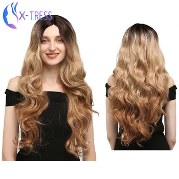 

Synthetic Wigs For Women Black Root Honey Blonde Long Romantic Curly Colored X-TRESS Wig Heat Resistant Fiber Cosplay