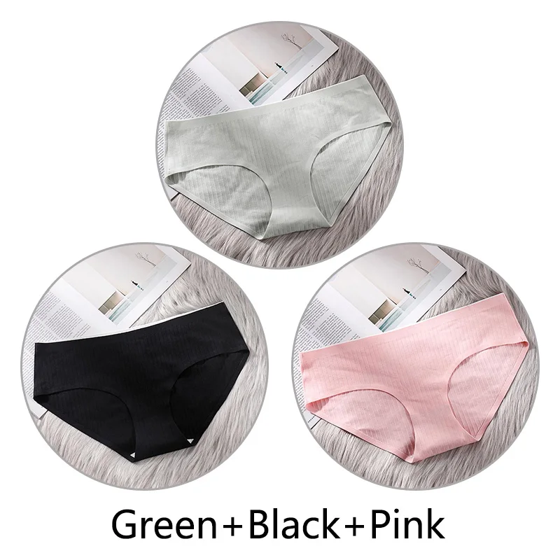 Green Black Pink 3 шт. сверхтонкое, бесшовное нижнее белье из хлопка, Для женщин нижнее белье, мягкие трусики с большими чашечками для Размеры 4XL белье соты с заниженным шаговым швом ткань нижнее бельё - Цвет: Green Black Pink