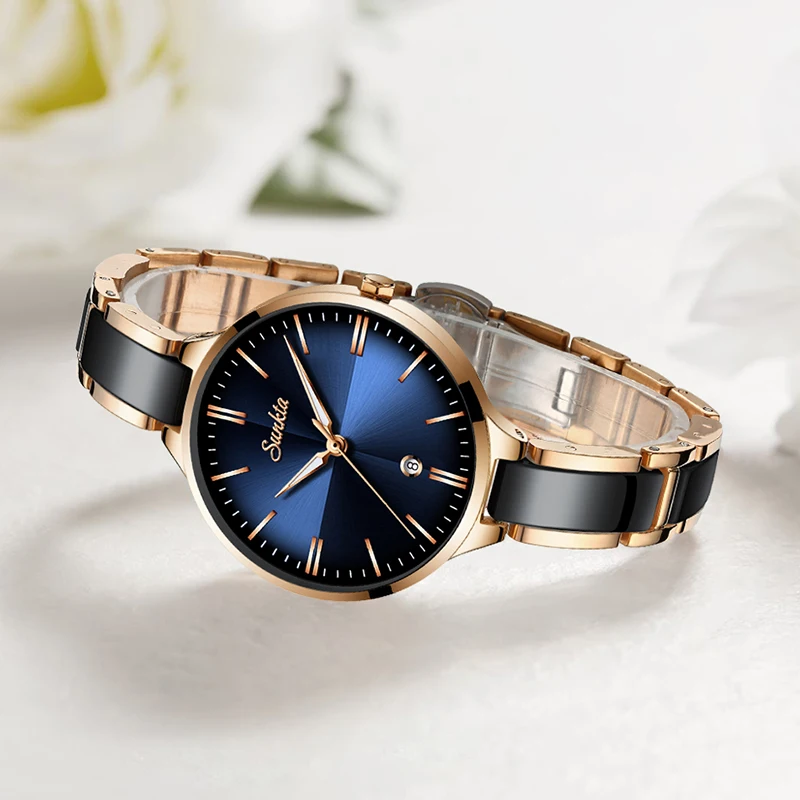 SUNKTA Blue Surface Ceramic Strap Watch Fashion Waterproof Women Watches Top Brand Luxury Quartz Watch Women Relogio Feminino