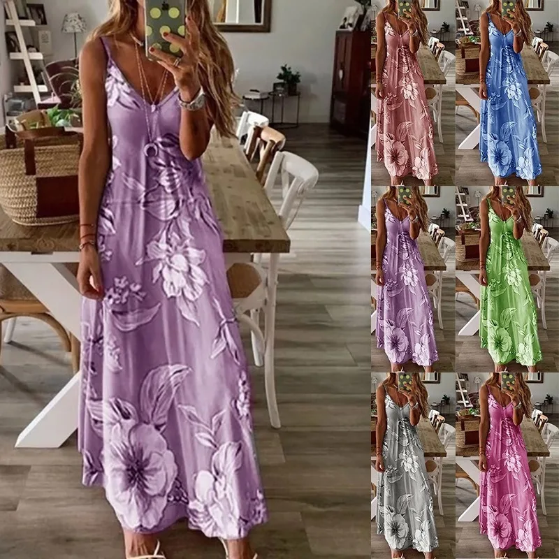 

Spaghetti Strap Sleeveless Blue Pink Flower Print Dress Female Plus Size 5XL Women Tunic Summer Casual Boho Beach Long Dresses