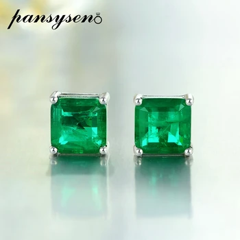 

PANSYSEN Charms Party Birthday Jewelry Gift 7MM Square Cut Emerald Stud Earrings Real 925 Sterling Silver Fine Jewelry Earrings