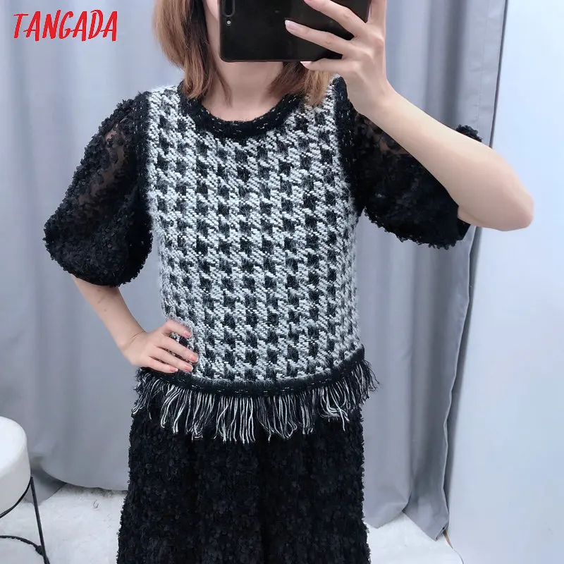 Tangada корейский шикарный женский клетчатый твидовый свитер без рукавов с кисточками винтажный женский укороченный вязаный джемпер Топы BE120
