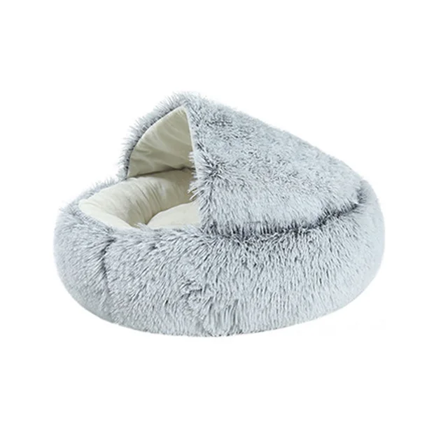 Winter Cat Bed Long Plush Pet Cat Cushion Warm Sleep Bag Bed Round Half-Pack Cat Basket Lounger Nest For Small Medium Large Dog Gray
