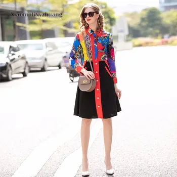 

Xiaomoli Shirt collar retro print contrast panel single breasted celebrity A-line dress new in spring and summer 2020