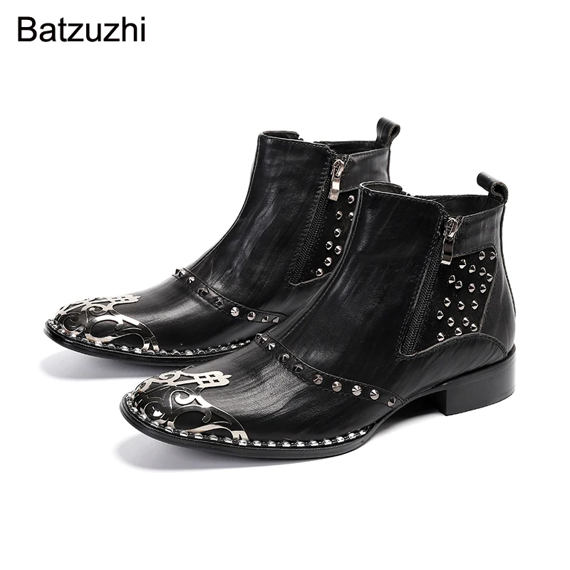 Batzuzhi Luxury Handmade Men Boots Shoes Black Genuine Leather Short Boots with Rivets Zip Metal Head Cool Botas Hombre, EU38-46