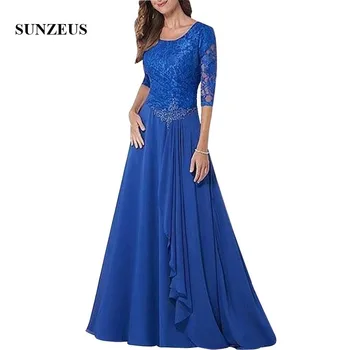 

Royal Blue Mother Of The Groom Dress Lace Half Sleeves Women Wedding Guest Dresses A-line Floor Length Long Chiffon Party Gowns