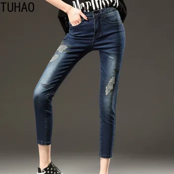 

2020 Summer Women's Jeans Plus Size 7XL 6XL 5XL High Waist Elastic Hole Patch Denim Pants Skinny High Pants Women Jeans LZ