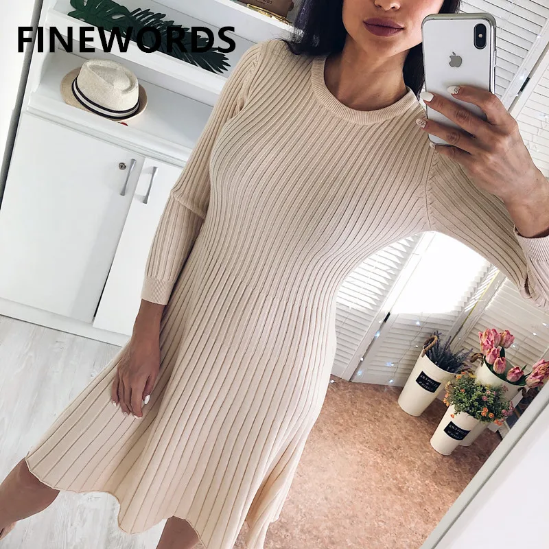 

FINEWORDS Autumn Winter Long Sweater Dress Women Knitted Slim Elegant Chritmas Dress Ladies Long Sleeve Korean Casual Midi Dress