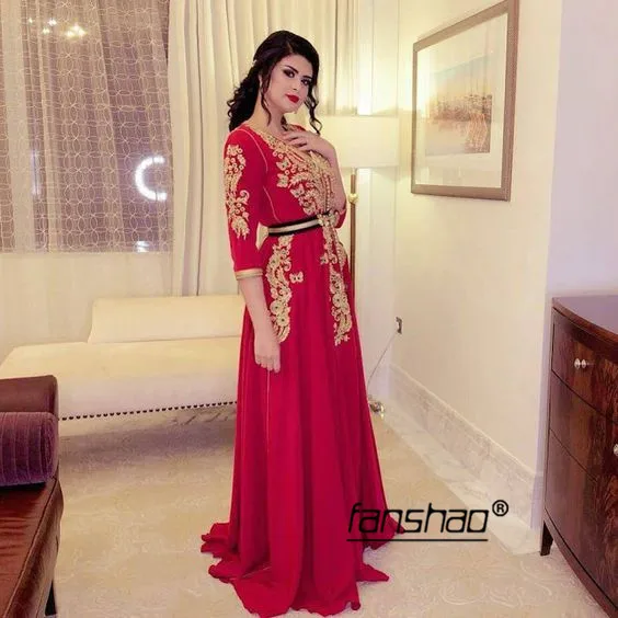 Фуксия мусульманское вечернее платье шифон марокканский кафтан золото кружево Половина рукава Саудовская Арабский особых случаев Вечерние платья на заказ - Цвет: same as photo
