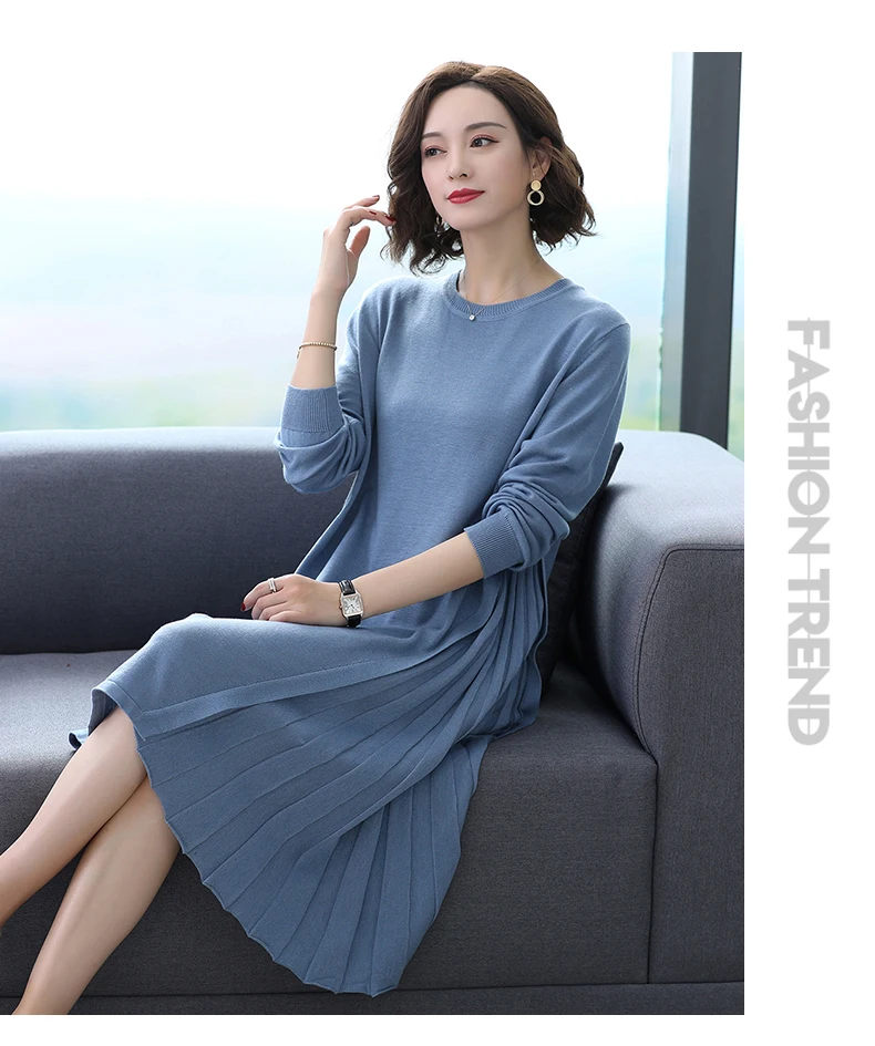 XJXKS длинный свитер для женщин Новая мода плюс размер длинный рукав женский свитер вязаный однотонный круглый вырез длинный пуловер платье свитер