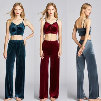 

New stylish gold velvet trousers women's autumn/winter high-waisted loose-waisted drop-dow pijama V-Neck lingerie