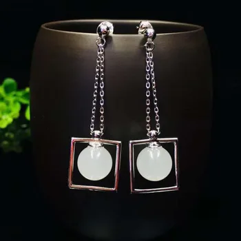 

925 Silver square inlaid with hetian white jade beads earrings
