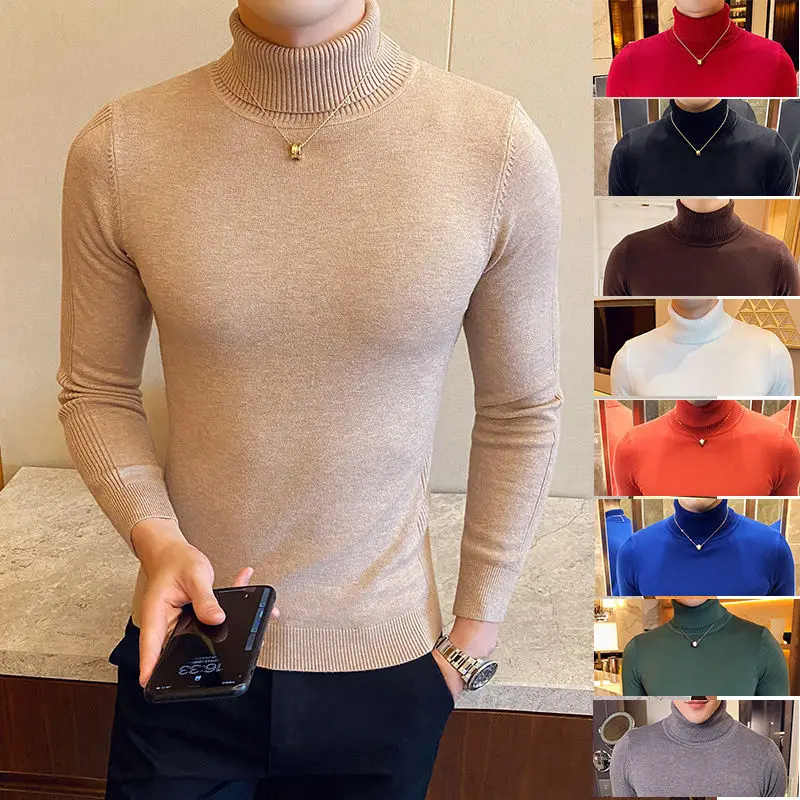 

Winter Brand Sweater Men Bottoming Shirt Solid Color Slim Fit Double Turn High Collar Knitted For Knitwear Khaki Turtleneck