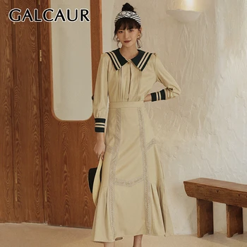 

GALCAUR Patchwork Lace Two Piece Set Women Sailor Collar Long Sleeve High Waist Sets Female Korean Autumn Fashion New 2020