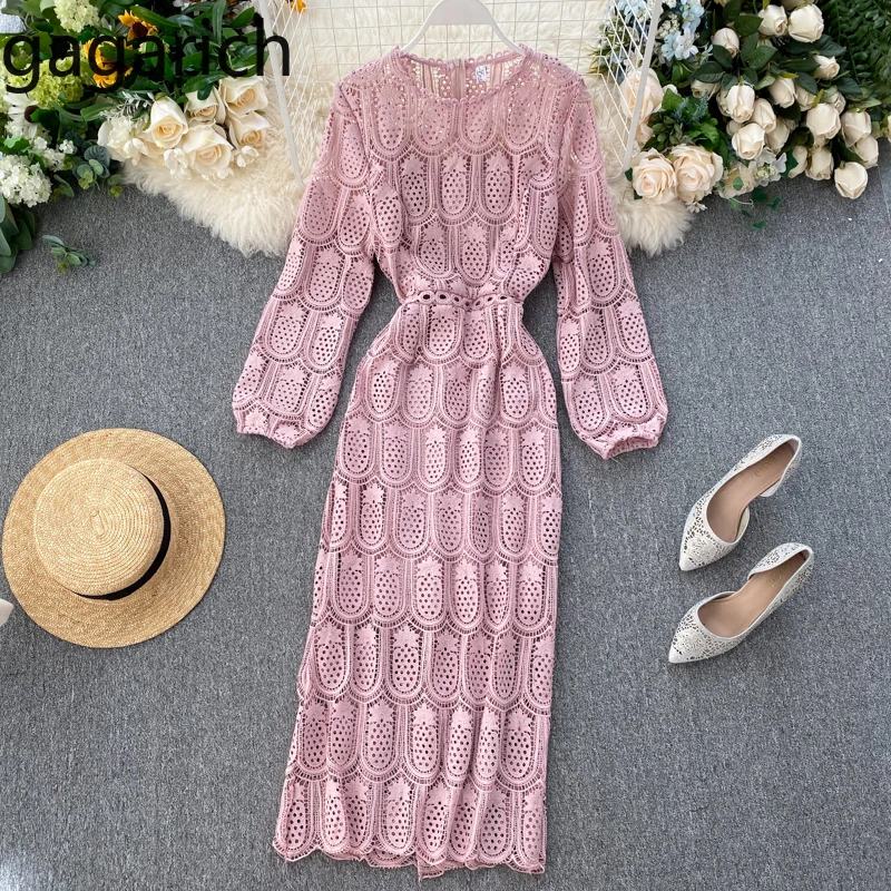 

Gagarich Elegant Dress Lace Hollow Out Women French Autumn 2020 New Solid Bubble Long Sleeve Waist Slimming Retro Dresses 2020