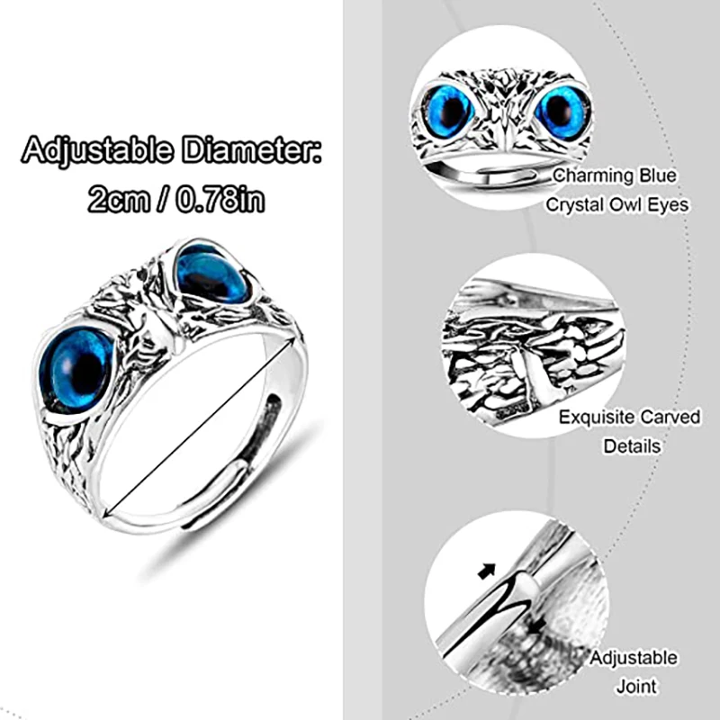 YADELAI Charming Fashion Owl Ring Vintage Man and Women Alloy Blue Eyes Owl Ring Versatile Argent  Adjustable Creativering Ring