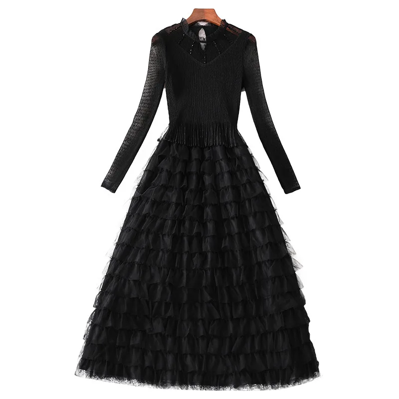 Women fashion autumn winter ruffles dress lace inset long sleeve gothic dress fit and flare cute dresses new black