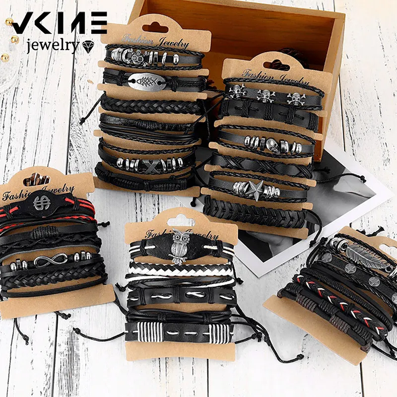 VKME Fashion Men Multilyer Skull Leather Bracelet Unisex Multiple Wristbands Skeleton Bracelets Set Bangles Party Jewelry