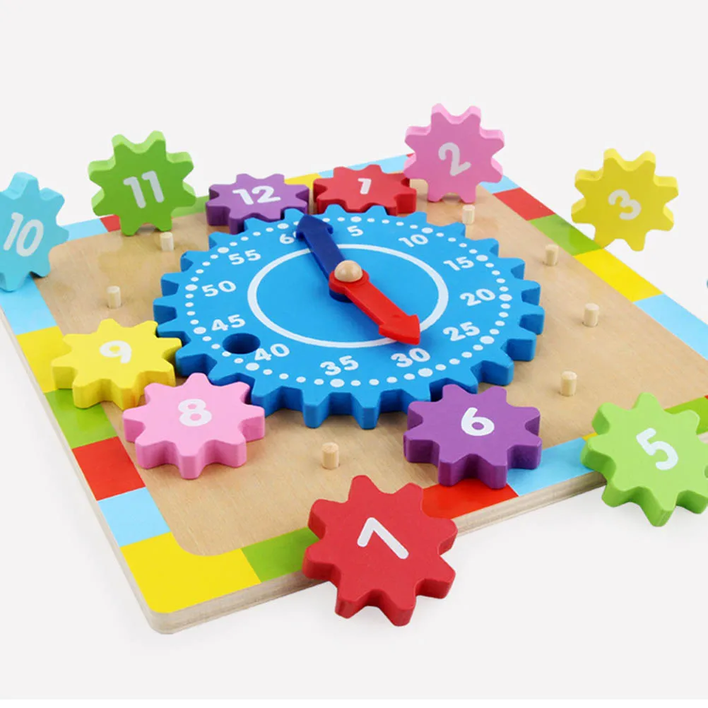  Wooden Gear Sorting Clock Wooden Teaching Clock with Numbers and Shapes Sorting Puzzle Learning Edu - 4000337084546