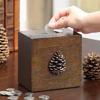 

Small Safe Wooden Money Box Large Piggy Bank Gift Coin with Lock Dispensador De Monedas Locked Piggy Bank for Kids KK60CX