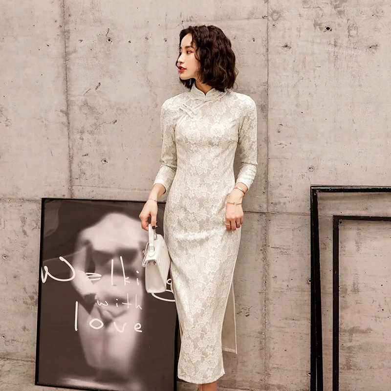 Sheng Коко белое кружевное платье Cheongsam платья тостов Костюмы ежегодная встреча платья с длинными рукавами платье Ципао в китайском Свадебная кружевная ткань