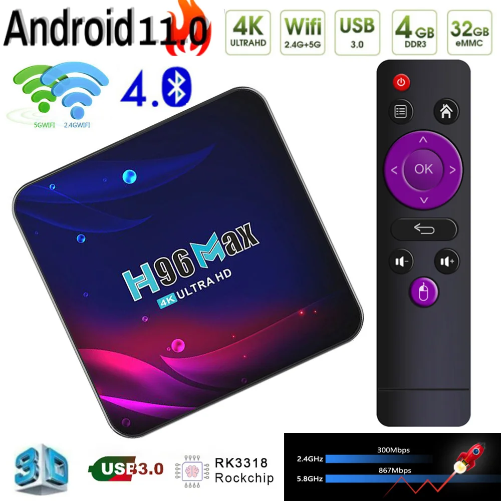 H96 MAX V11 тв приставка андроид 11 4G 64GB к 2021 4K RK3318 Rockchip tv box android WIFI телевизору Гугл голос