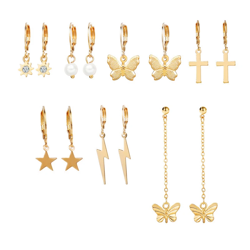 7 пар милые серьги-подвески с кристаллами бабочками крестиками и звездами для