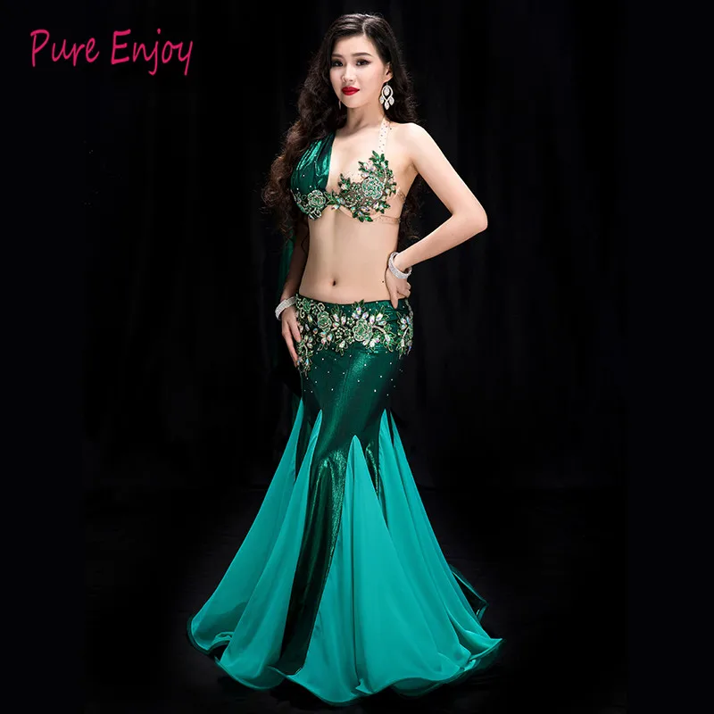 Зеленый Танец Живота Костюм 2 Шт. Набор Женщины Bellydance Роскошный Rhinestone Сумка хип рыбий хвост Юбка Костюм Платье Спектакли