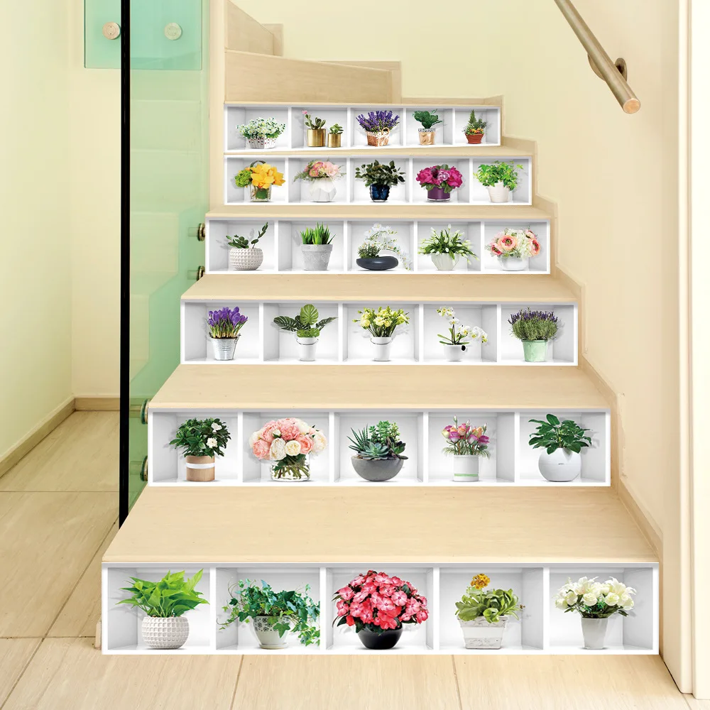 Personalized& Creative Faux 3D Potted Plant Stairs Stickers Self-Adhesive Wall Stickers Decorative Painting Beautify Wallpaper