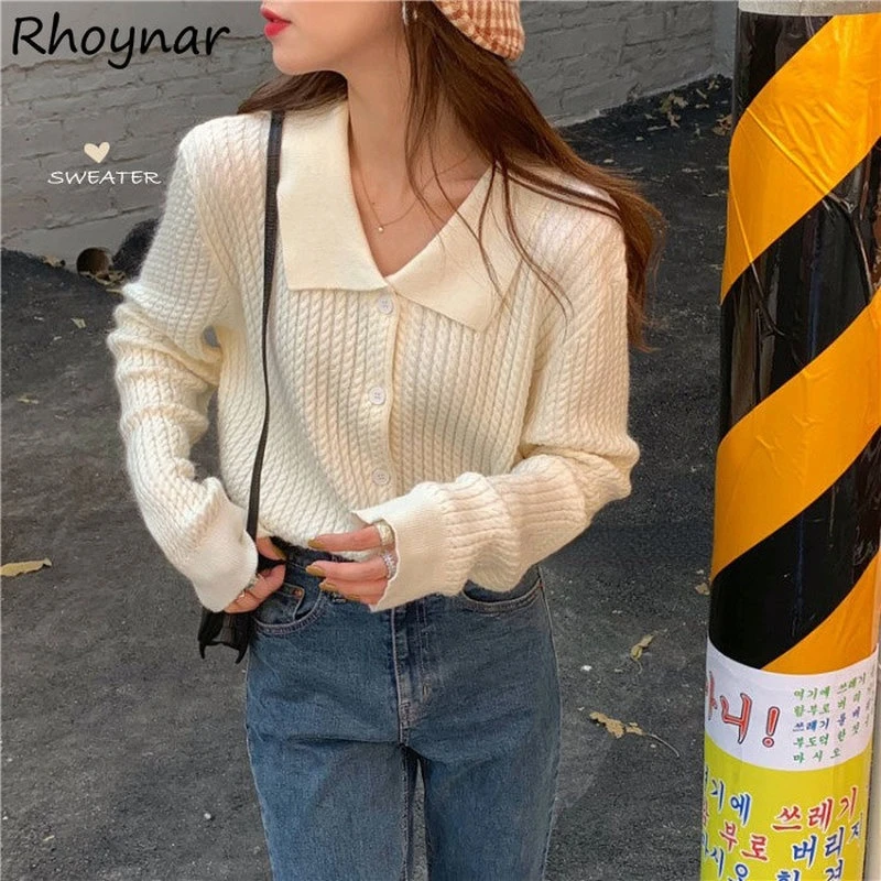 

Cardigan Women Knitted Autumn Solid Turn Down Collar All-match Korean Style Street Wear Cropped Sweaters Girlish Full Sleeve Ins