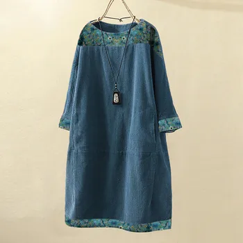 

2020 Autumn Winter Dresses Women Vintage Corduroy Ethnic Print Patchwork Long Sleeve Pockets Loose Dress Plus Size 5XL #LR4