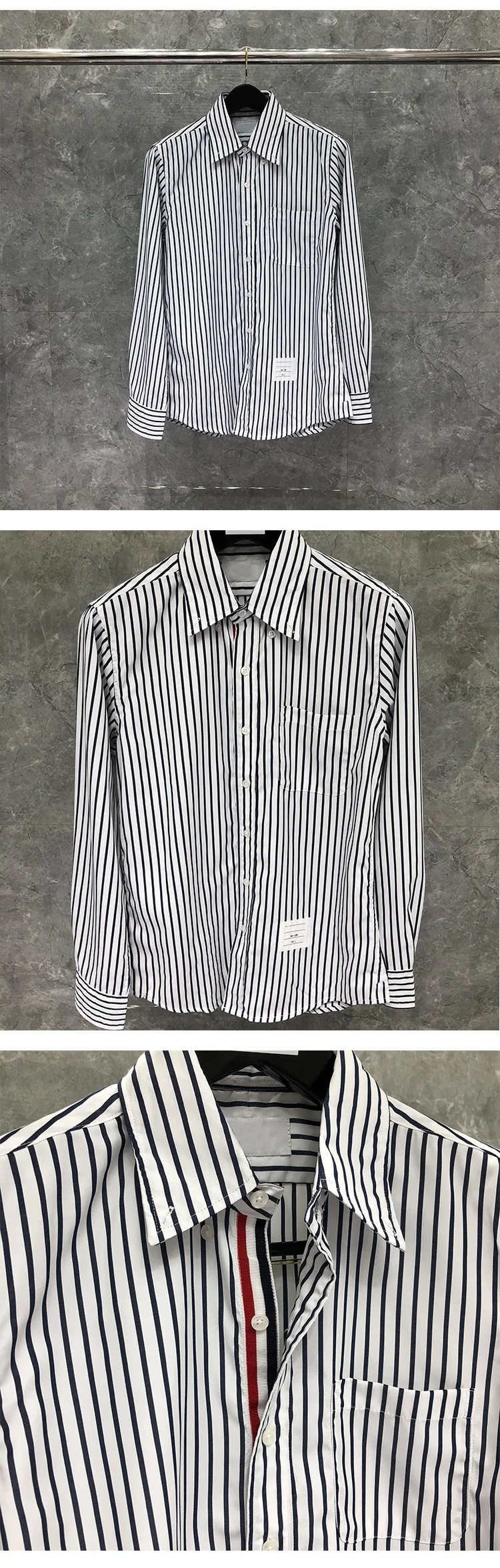 short sleeve button up shirt TB THOM Shirt Spring Autumn Fashion Brand Men's Shirt Black Vertical Stripe Slim Cotton Oxford Formal Casual Wholesale TB Shirt mens short sleeve button down