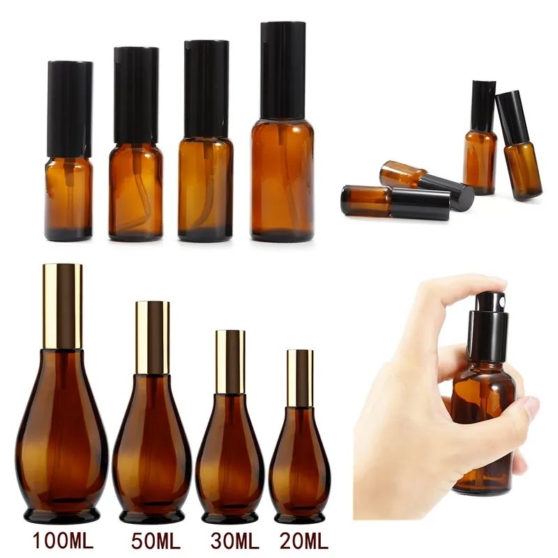 

1Pc Portable 4 Sizes Travel Empty Cosmetic Sprayer Bottle Perfume Glass Pot Gourd-shaped Container Atomizer Amber Color Bottles