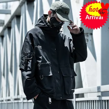 

Multi-pocket Letter Black Men's Hip Hop Cargo Jackets Coats Streetwear Cardigan Zipper Casual Techwear Hooded Men Outerwear Top