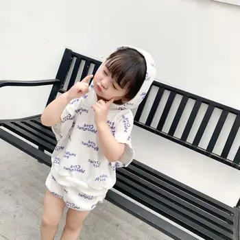 

3147 Children's Clothing Spring And Summer Children's Suit Two-piece Set Hooded Short Sleeve T Shirt And Shorts Letters Printed