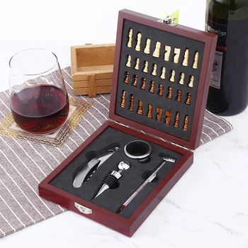 

Pourer Tin Foil Cutter Corkscrew Accessory Game Stoppers With Chess Gift Box Vintage Wine Opener Tool Set Cork Wooden Board