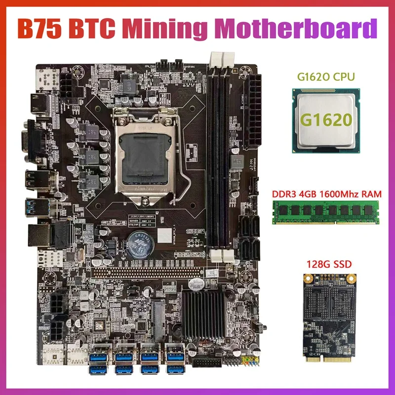 Материнская плата B75 USB BTC для майнинга + процессор G1620 DDR3 4 Гб 1600 МГц ОЗУ 128G MSATA SSD