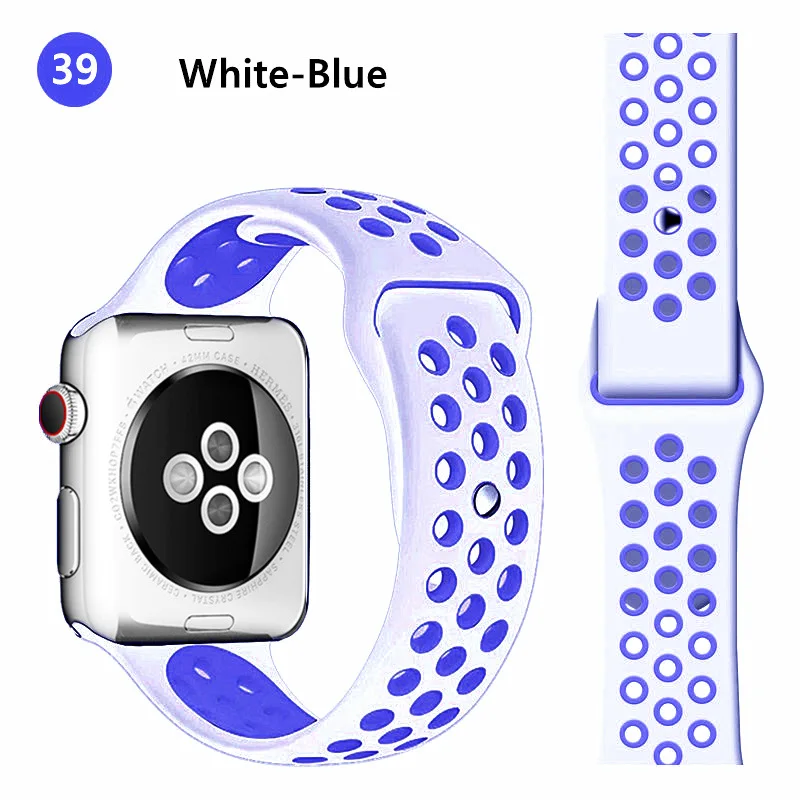 Силиконовый ремешок для Apple watch band 44 мм/40 мм iWatch band 42 мм/38 мм дышащий спортивный ремешок для часов Браслет Apple watch 5 4 3 2 1 - Цвет ремешка: white-blue