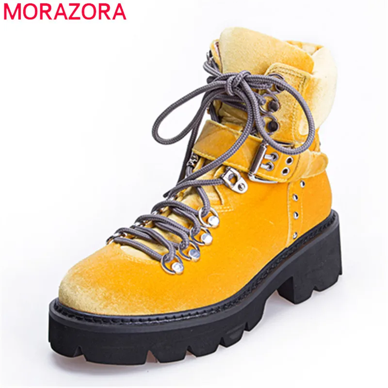 

MORAZORA 2020 New Brand fashion casual women boots med heels round toe platform ankle boots simple lace up buckle autumn Winter