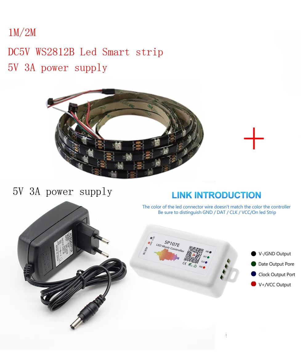 

1-2m DC5V WS2812B Led Strip 30 pixels/leds/m WS2812 IC Smart 5050 RGB led Strip light+5V LED Power Supply + LED Controller