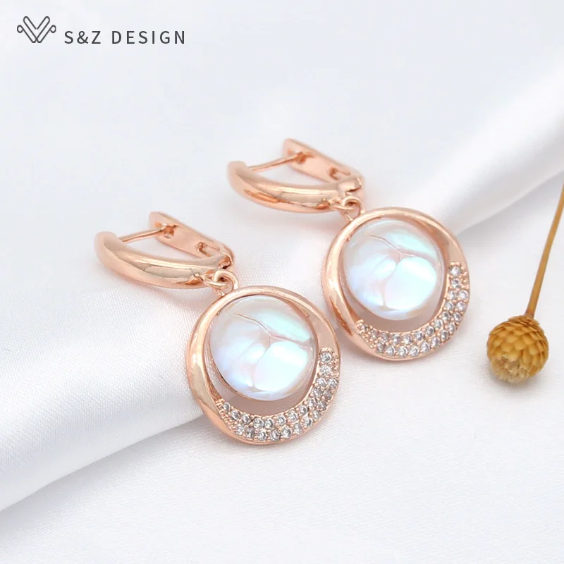 S&Z DESIGN New Trendy 585 Rose Gold Color Cubic Zirconia Round Crystal Dangle Earrings For Women Wedding Jewelry Gift