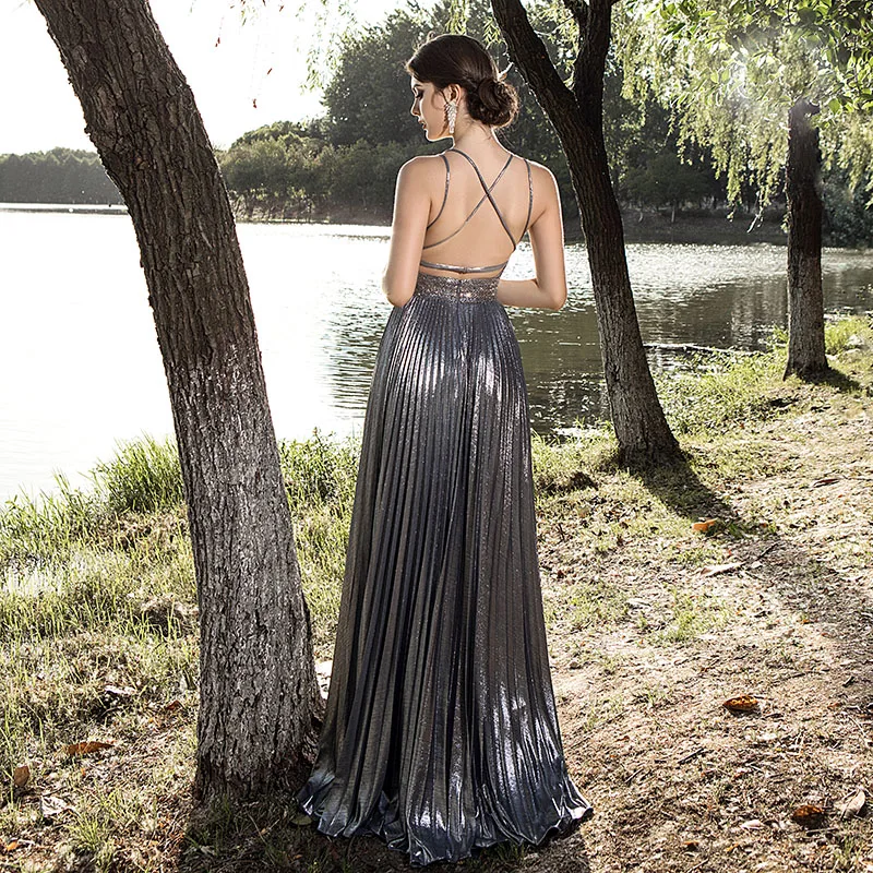 Сексуальное Серебряное блестящее вечернее платье из специальной ткани с v-образным вырезом и открытой спиной, женское вечернее платье, Сплетница, настоящая фотография L5528