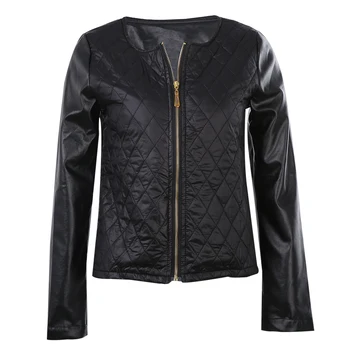 

Newest Arrival Women O-neck Long Sleeve PU Leather Stitching Jacket Coats Outwear Ladies Casual Slim Black White Jackets Outfits