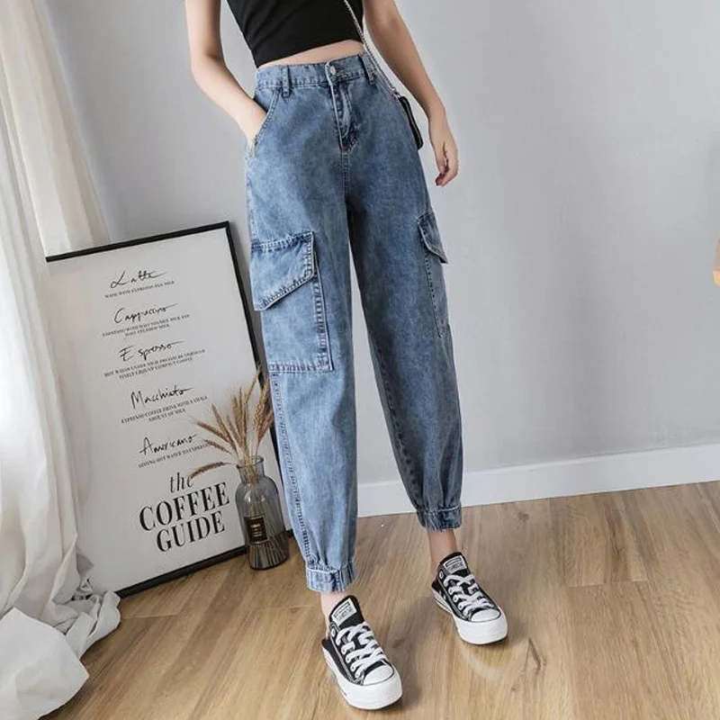

Big Pockets Plus Size Cargo Pants Women Jeans Stretch Loose Denim High Waist Jeans Women Streetwear Mujer Pantalones