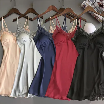 

Women Sexy Lingerie Sleepwear Solid Sleeveless Underwear Night Dress Lady Fashion Lace V-neck Nightgowns Nightwears Homewear